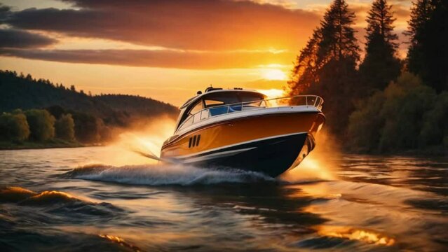 motorboat going across the ocean at sunset