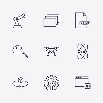 editable outline icons set. thin line icons from artificial intelligence collection. linear icons such as mechanical arm, depth perception, xlsx, thought, 3d, page views