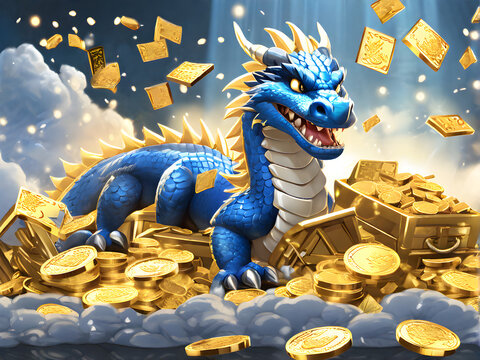 It is a lucky image of a blue dragon bringing gold, silver, treasure, gold bars, and gold coins. Generative AI, 생성형, 인공지능