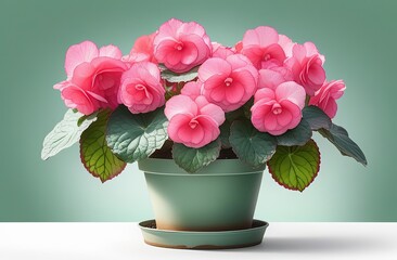 Pink Begonia flower in flower pot on white background.