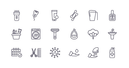 editable outline icons set. thin line icons from hygiene collection. linear icons such as electric razor, epilator, cotton swabs, appointment book, ablution, antiseptic - obrazy, fototapety, plakaty