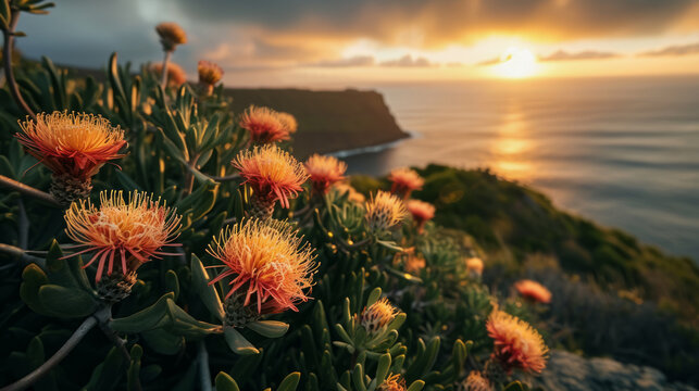 Blooming leucospermum cordifolium, Madeira coastline on the background