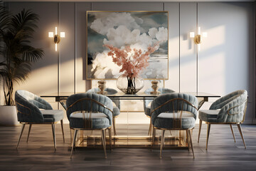 A dining room featuring an accent wall with textured wall - obrazy, fototapety, plakaty