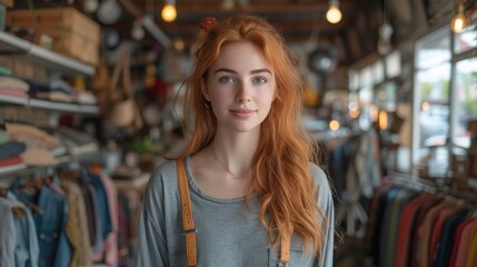 Fototapeta na wymiar Redhead Woman with Confident Gaze in Thrift Sjop