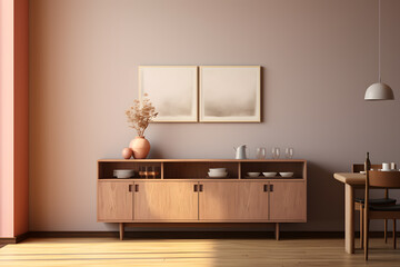 A dining room with a minimalist sideboard