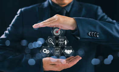 Business target goal focus concept. Businessman hand, bullseye arrow, team market creative. Business objective goal target marketing idea solution, teamwork target investment. Start 2024 plan vision.