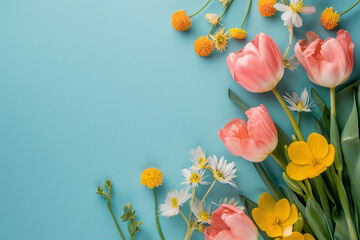 Mother's Day or Women's Day decorations concept. Spring flowers on isolated pastel blue background.