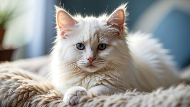 Biały kot odpoczywający na miękkiej poduszce