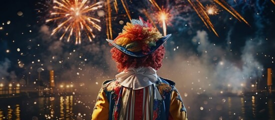 Happy harlequin clown with fireworks on background backview
