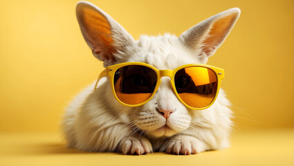 Kot w żółtych okularach przeciwsłonecznych na żółtym tle - obrazy, fototapety, plakaty