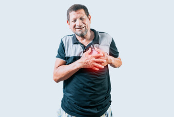 Elderly person with heart problems. Senior man with tachycardia touching his chest. Old man with...