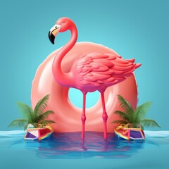 Pink flamingo with sunglasses floats in an inflatable circle illustration. Summer minimal concept.