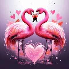 Pink of flamingo bird in love and heart in valentine
