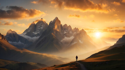 Samotny podróżnik podziwiający zachód słońca w górach © MS