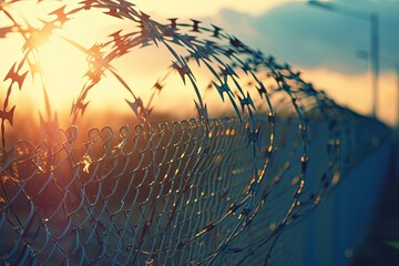 Barbed and razor wire fence. Fencing the state border against immigration - obrazy, fototapety, plakaty