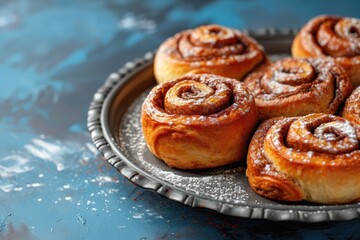 Fototapeta premium Homemade cinnamon rolls on a gray earthenware tray on blue background