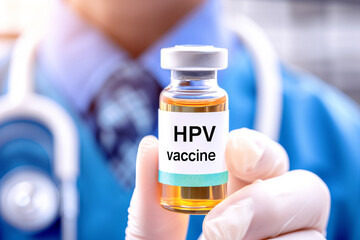 HPV vaccine vial close-up in hand of a medical professional, a vital immunization shot against the human papillomavirus