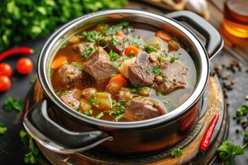 Traditional beef broth with vegetable, bones and ingredients in pot