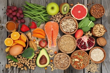 Variety of healthy foods spread out on a wooden surface.