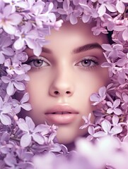 Woman beautiful face with flower lilac frame