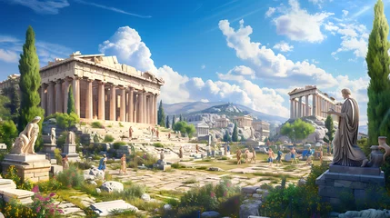  A bustling ancient Greek agora, filled with passionate philosophers engaged in intense debates, surrounded by exquisite marble statues. © stocker