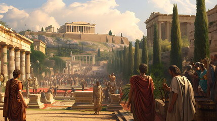 A bustling ancient Greek agora, filled with passionate philosophers engaged in intense debates, surrounded by exquisite marble statues. - obrazy, fototapety, plakaty
