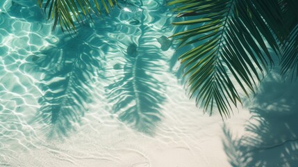 The tranquil dance of palm tree shadows on the crystal-clear waters of a sandy beach evokes a serene tropical paradise