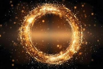 Gold glitter circle of light shine sparkles and golden spark particles in circle frame on black background. Christmas magic stars glow, firework confetti of glittery ring shimmer	