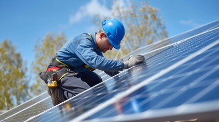 A skilled technician in blue workwear and a safety helmet is meticulously installing solar panels on a bright sunny day,