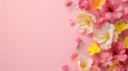 Fototapeta na wymiar Mother's Day or Women's Day decorations concept. Spring flowers on isolated pastel pink background with copy space.