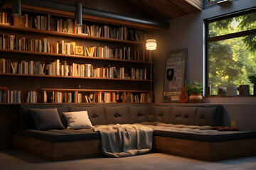 A garage transformed into a cozy reading nook  - obrazy, fototapety, plakaty