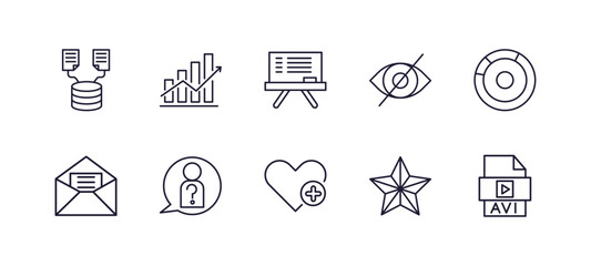 editable outline icons set. thin line icons from user interface collection. linear icons such as data collection, increasing data, hidden, percentage chart, add a like, avi extension - obrazy, fototapety, plakaty