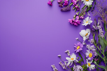 Mother's Day or Women's Day decorations concept. Spring flowers on isolated pastel purple background with copy space.