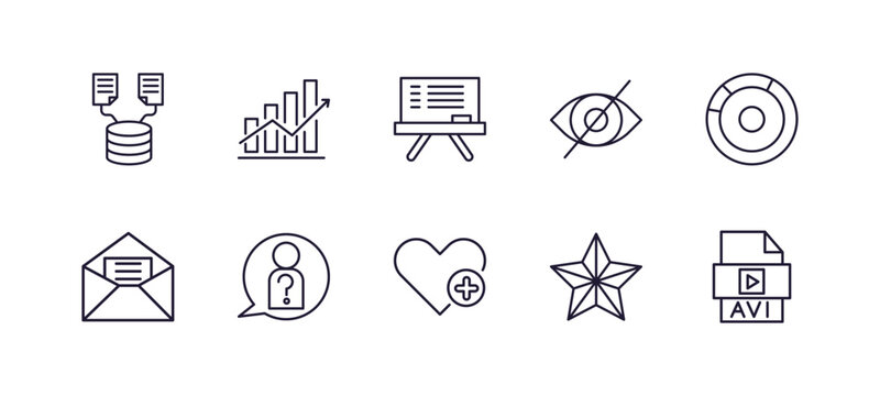 editable outline icons set. thin line icons from user interface collection. linear icons such as data collection, increasing data, hidden, percentage chart, add a like, avi extension