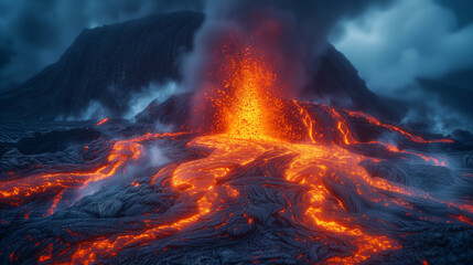 火山が爆発し、溶岩が溢れだす様子 - obrazy, fototapety, plakaty