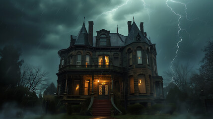 A chilling Victorian mansion, engulfed in a raging storm. Ghostly apparitions eerily seen through misty windows, creating a spine-chilling atmosphere.