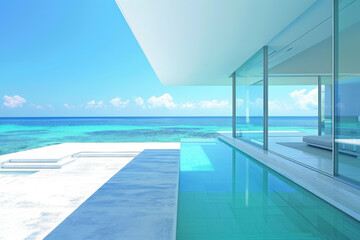 Fototapeta na wymiar On the reef of a blue ocean there is a modern minimalist building.
