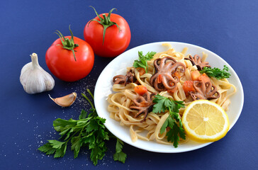 italian pasta with octopus and vegatables  