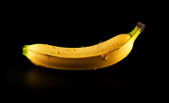 Thick yellow ripe banana fruit, the fruit isolated against a black background in clear drops of dew water. Photorealistic image.