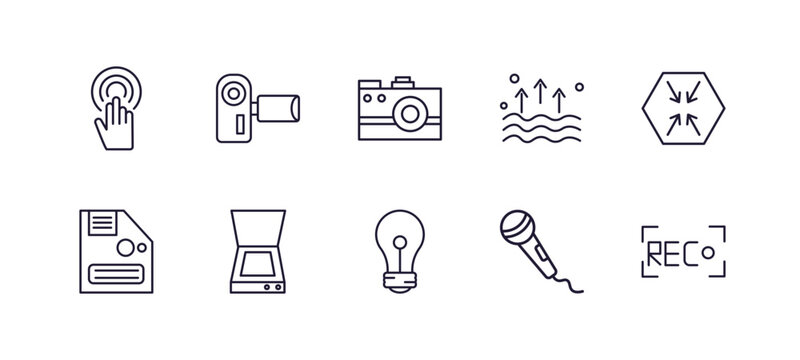 editable outline icons set. thin line icons from technology collection. linear icons such as touchscreen, video camera front view, evaporation, digitate, light bulb turned off, recording