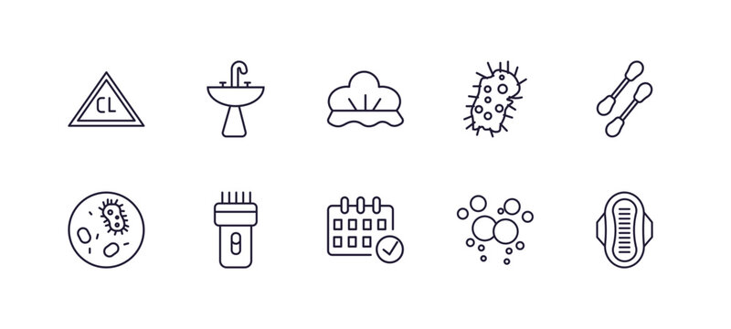 editable outline icons set. thin line icons from hygiene collection. linear icons such as chlorine, washbasin, parasite, cotton swabs, appointment book, sanitary napkin