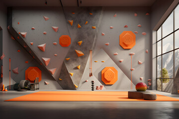 A gym room with a custom wall mounted rock climbing wall 
