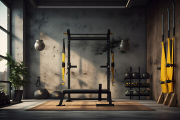  gym with a wall mounted adjustable TRX suspension - obrazy, fototapety, plakaty