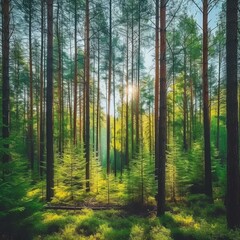 Pine Forest with Green Trees and Sunlight