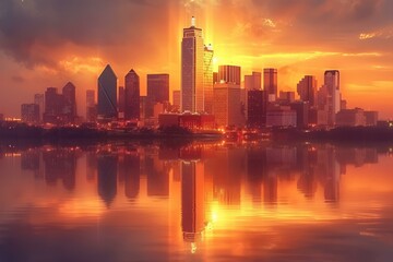 A stunning cityscape of downtown Dallas, Texas during sunset with a beautiful reflection on the water