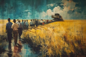 African Americans walking towards a train during the Great Migration - obrazy, fototapety, plakaty
