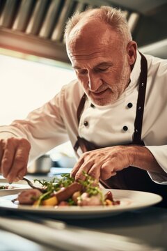 Focused Senior Chef Expertly Plating a Dish