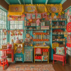 Naklejka premium A colorful and cozy kitchen with a retro-style