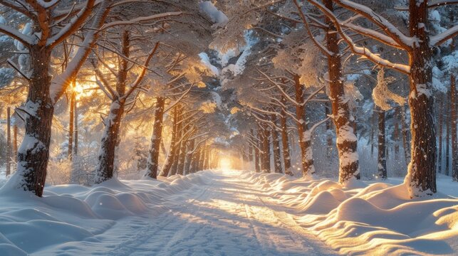 The sun shines through snow-covered trees in a winter forest