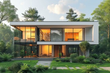 Modern Glass House with Green Landscape